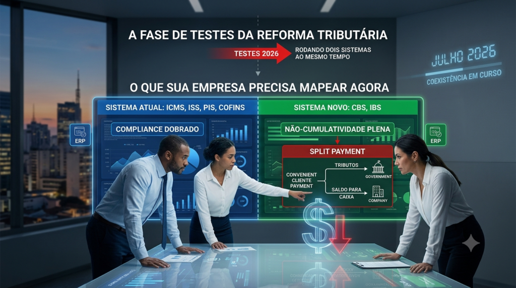 Infográfico sobre a fase de testes da Reforma Tributária em 2026, mostrando a coexistência entre o sistema tributário atual e o novo modelo com CBS, IBS e o impacto do Split Payment no fluxo de caixa.